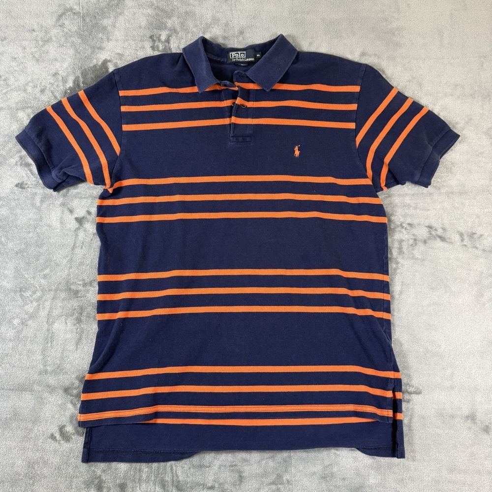Polo Ralph Lauren Mens XL Polo Shirt Navy Blue‎ Orange Striped Short Sleeve Golf - Picture 5 of 13